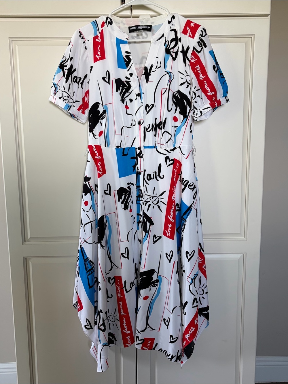 Karl Lagerfeld White Button Up Dress with Sleeves and Red & Blue Graphic Print